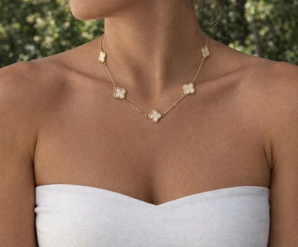 18k Gold Filled Pearl Tone Clover Necklace