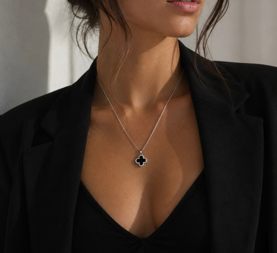 Silver Black Clover Pendant Necklace