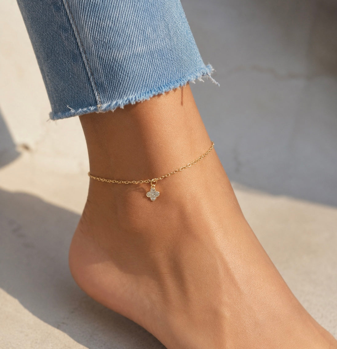 14k Gold Filled CZ Clover Anklet