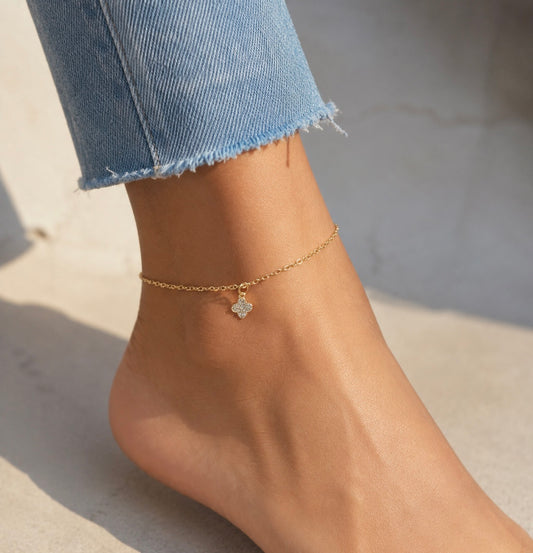 14k Gold Filled CZ Clover Anklet