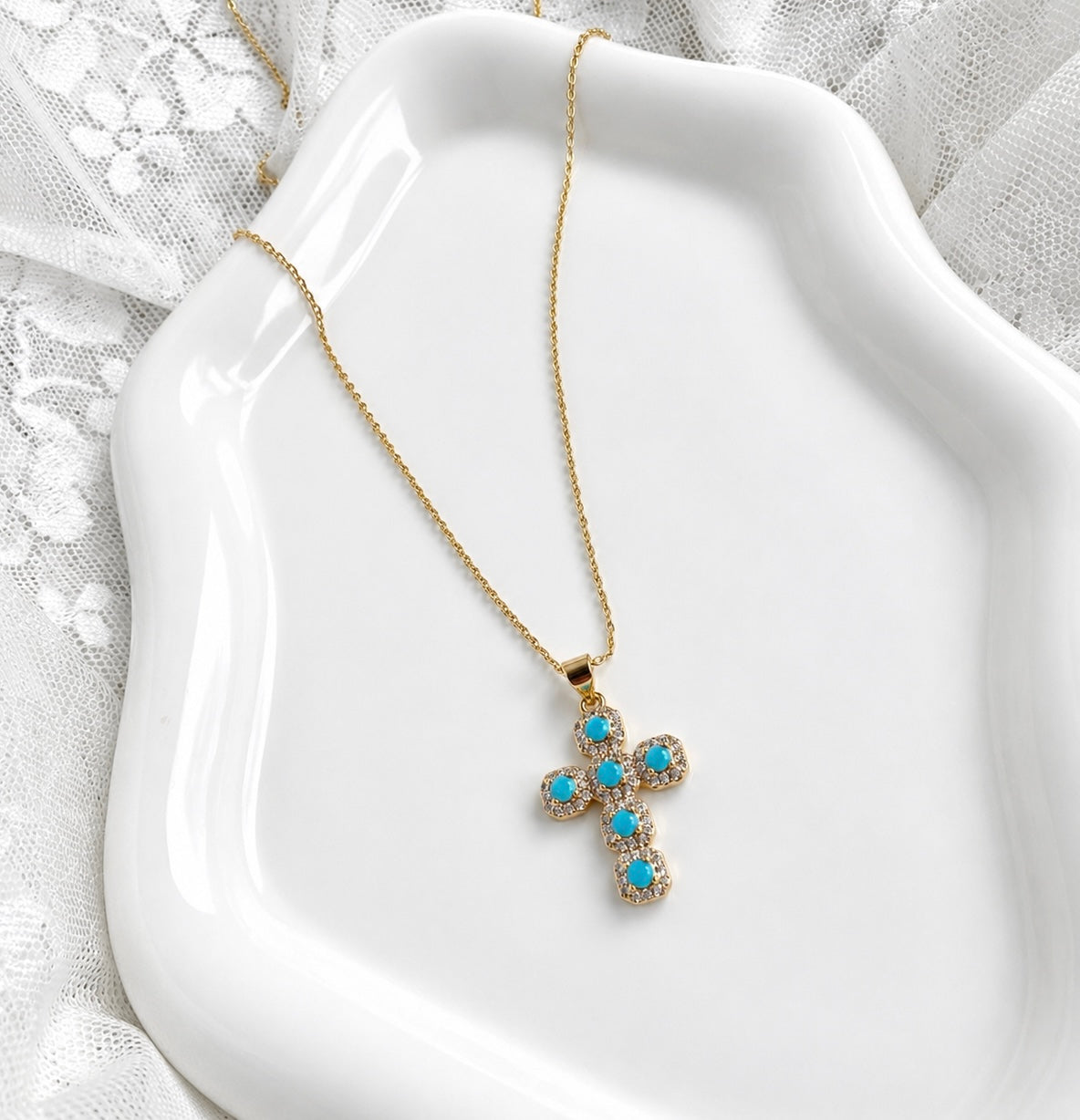 Turquoise Cross Necklace - 16k Gold Filled