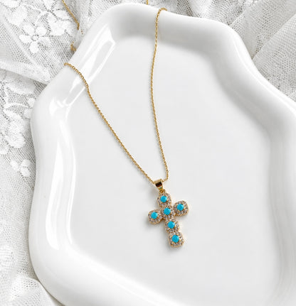 Turquoise Cross Necklace - 16k Gold Filled