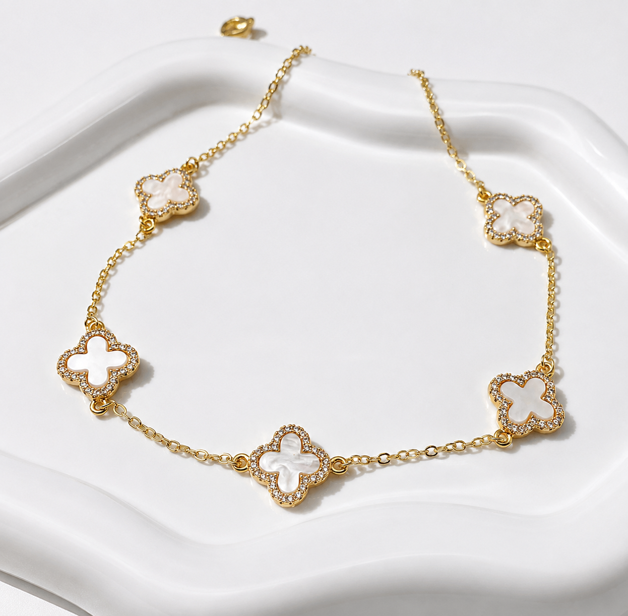 18k Gold Filled Pearl Tone Clover Necklace