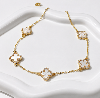 18k Gold Filled Pearl Tone Clover Necklace