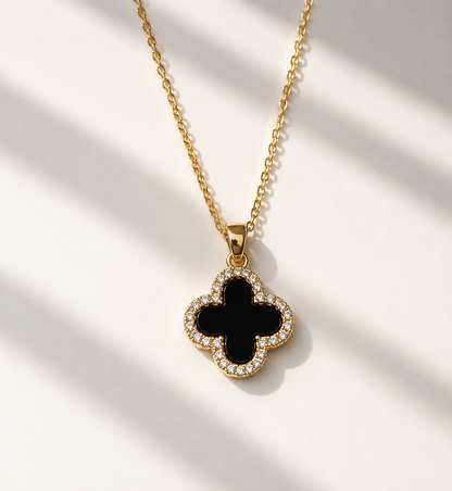 18k Gold Filled Black Clover Pendant Necklace